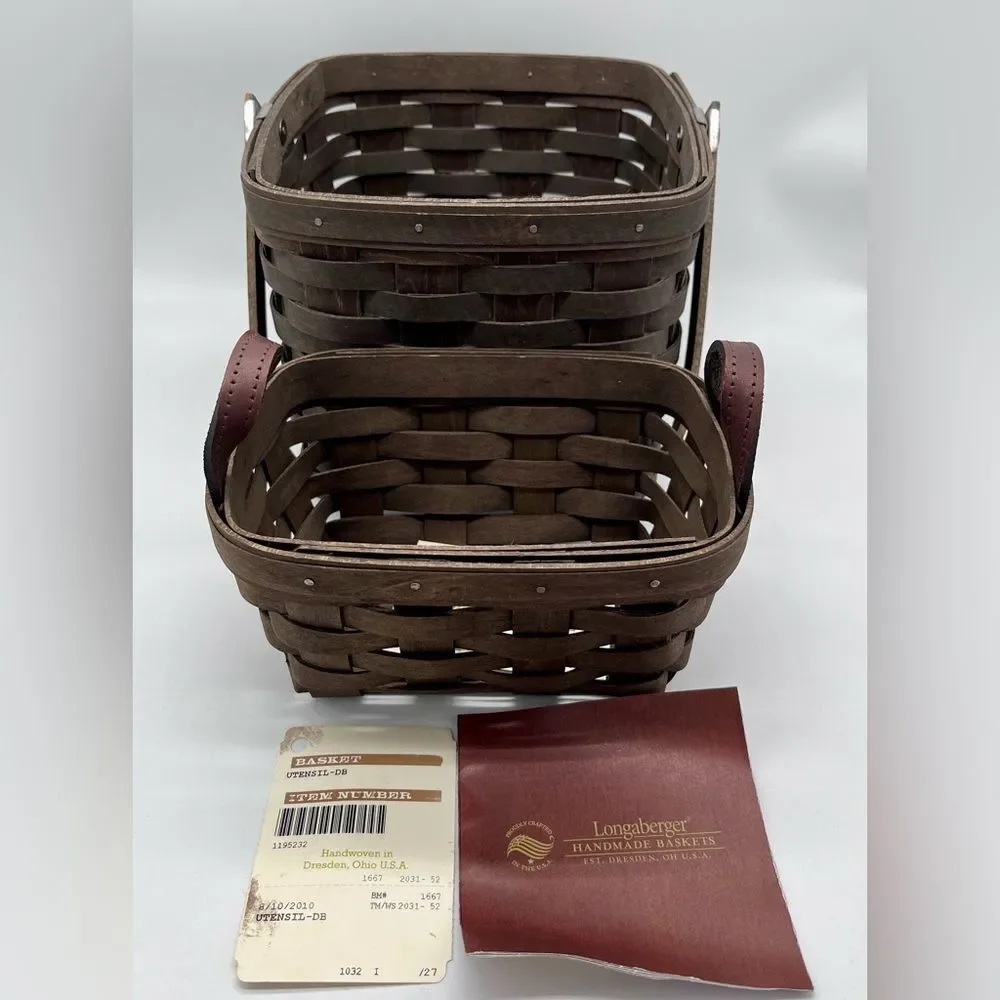2 Longaberger Baskets Utensil Storage Basket Leather Handles DB Brown